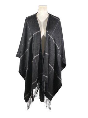 Portolano Open Front Wool Blend Poncho Wrap Fringe Trim & Windowpane Pattern lux